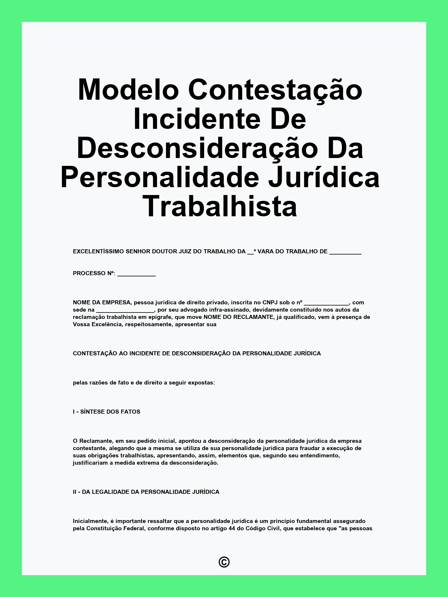 Modelo Contestação Incidente De Desconsideração Da Personalidade Jurídica Trabalhista