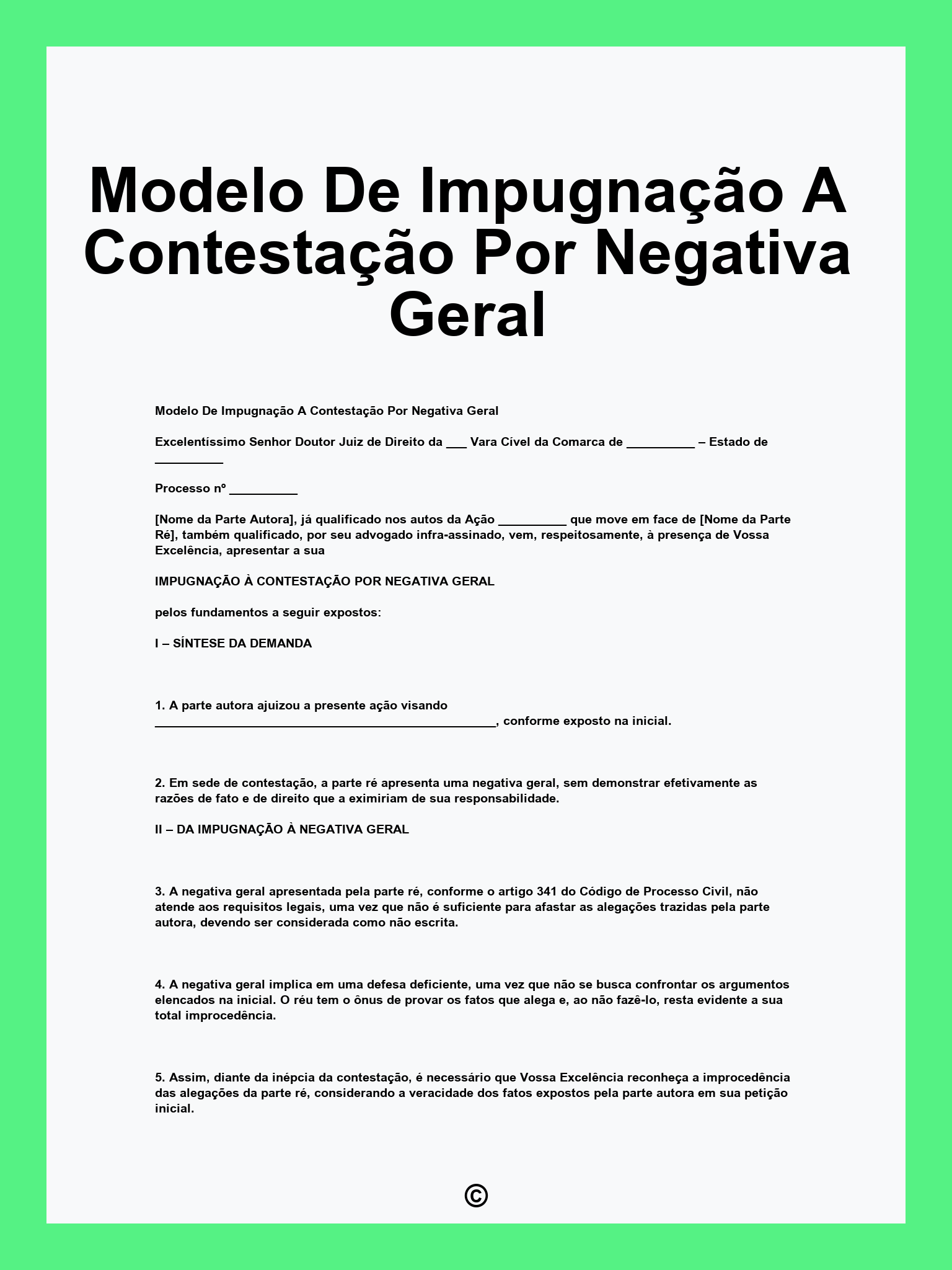 Modelo De Impugnação A Contestação Por Negativa Geral