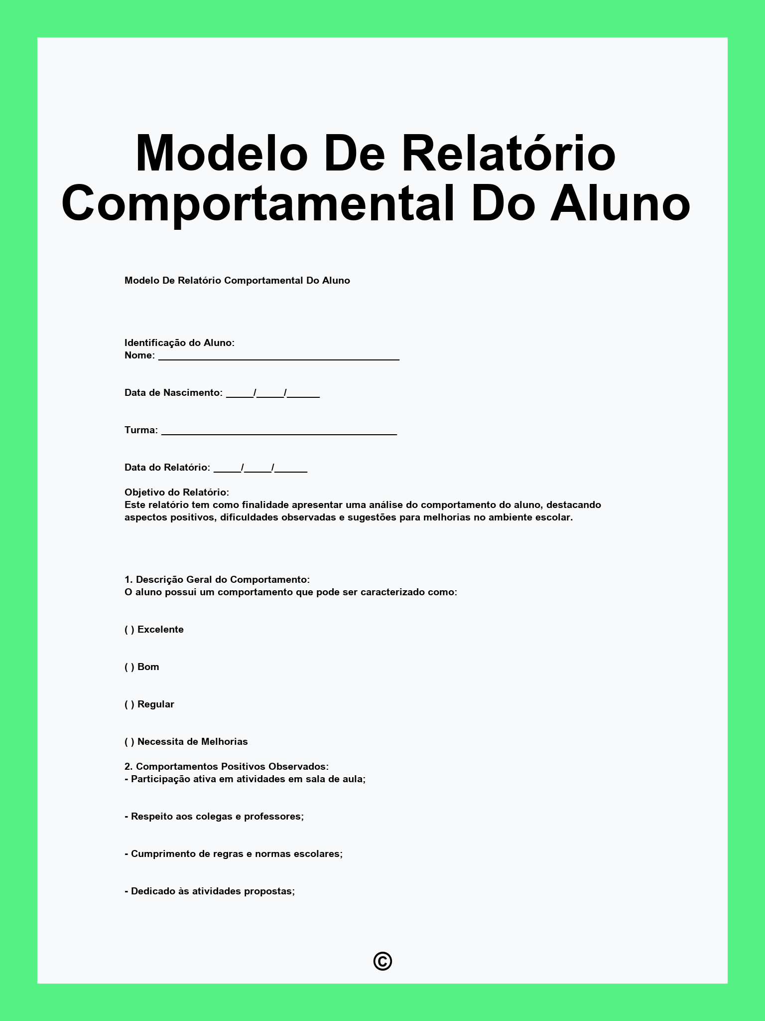 Modelo De Relatório Comportamental Do Aluno