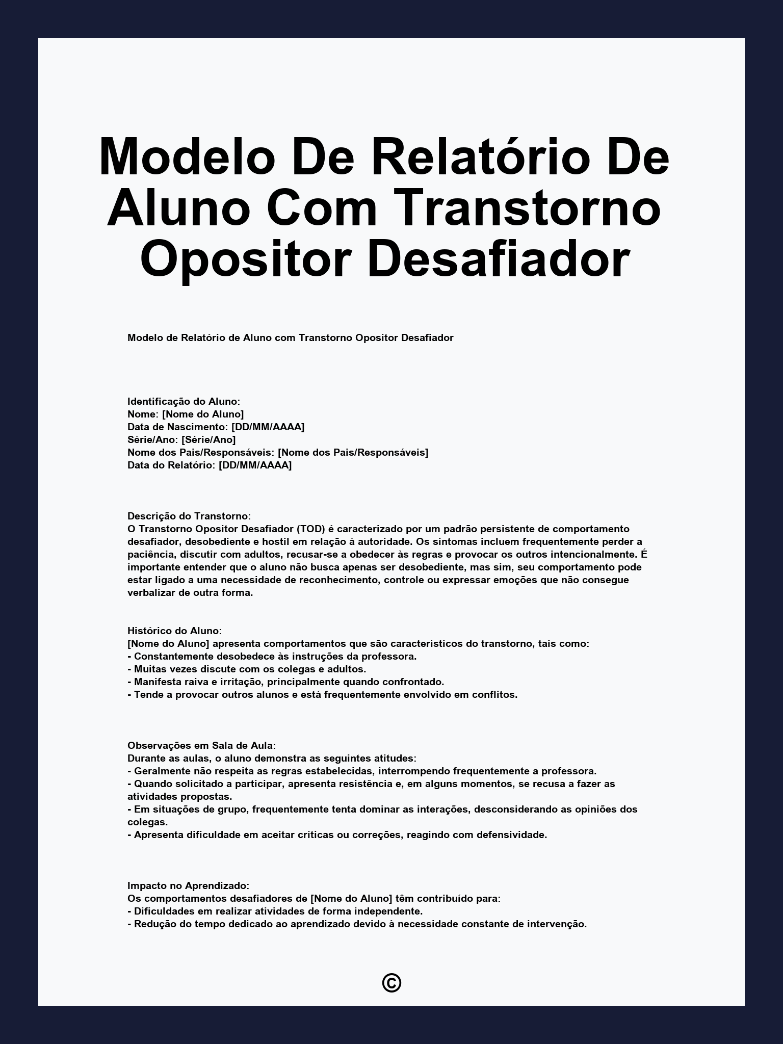 Modelo De Relatório De Aluno Com Transtorno Opositor Desafiador