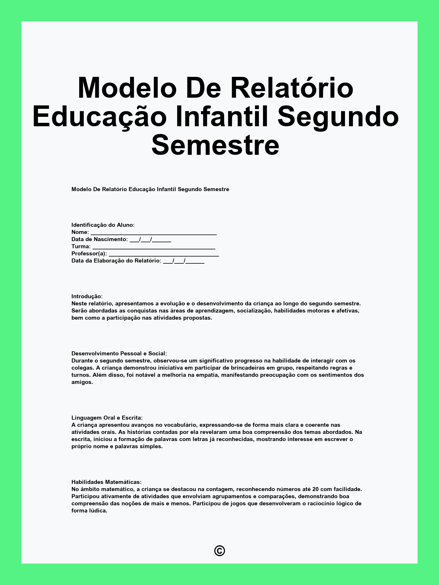 Modelo De Relatório Educação Infantil Segundo Semestre