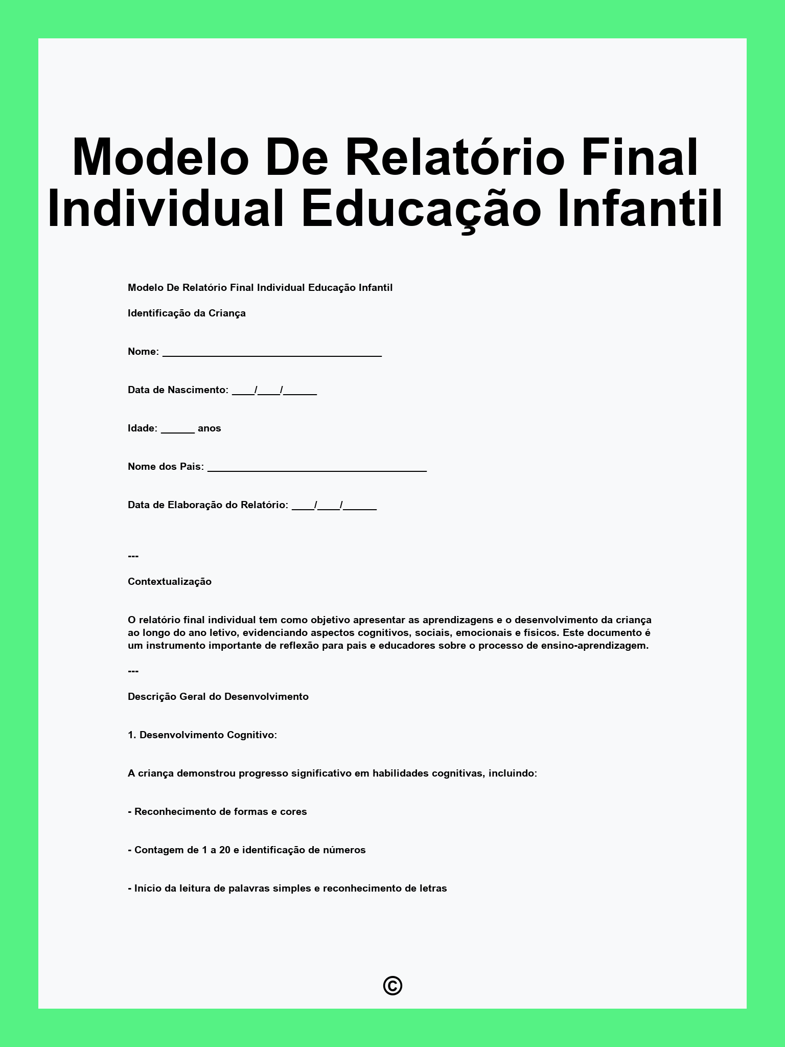 Modelo De Relatório Final Individual Educação Infantil