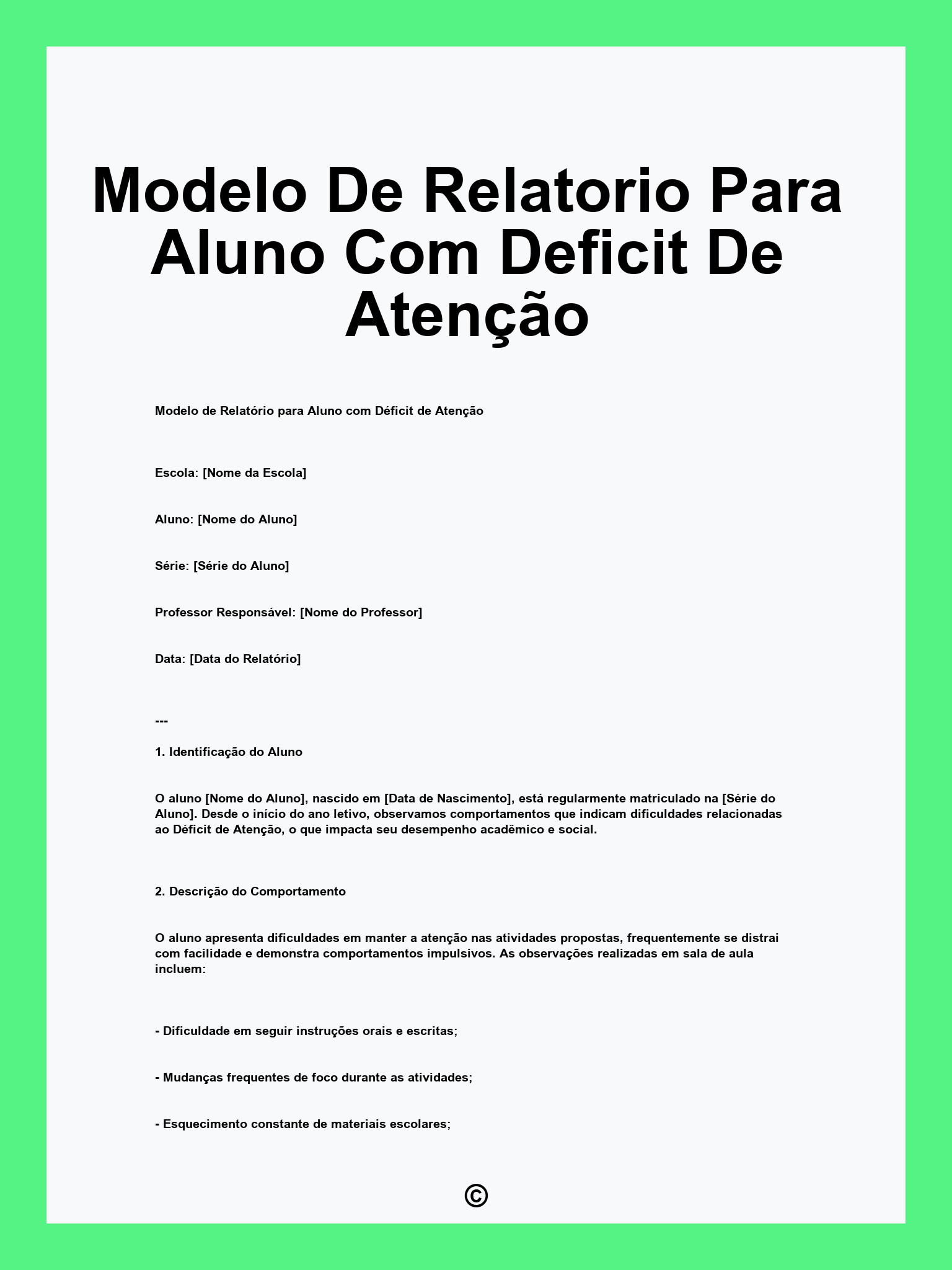 Modelo De Relatorio Para Aluno Com Deficit De Atenção