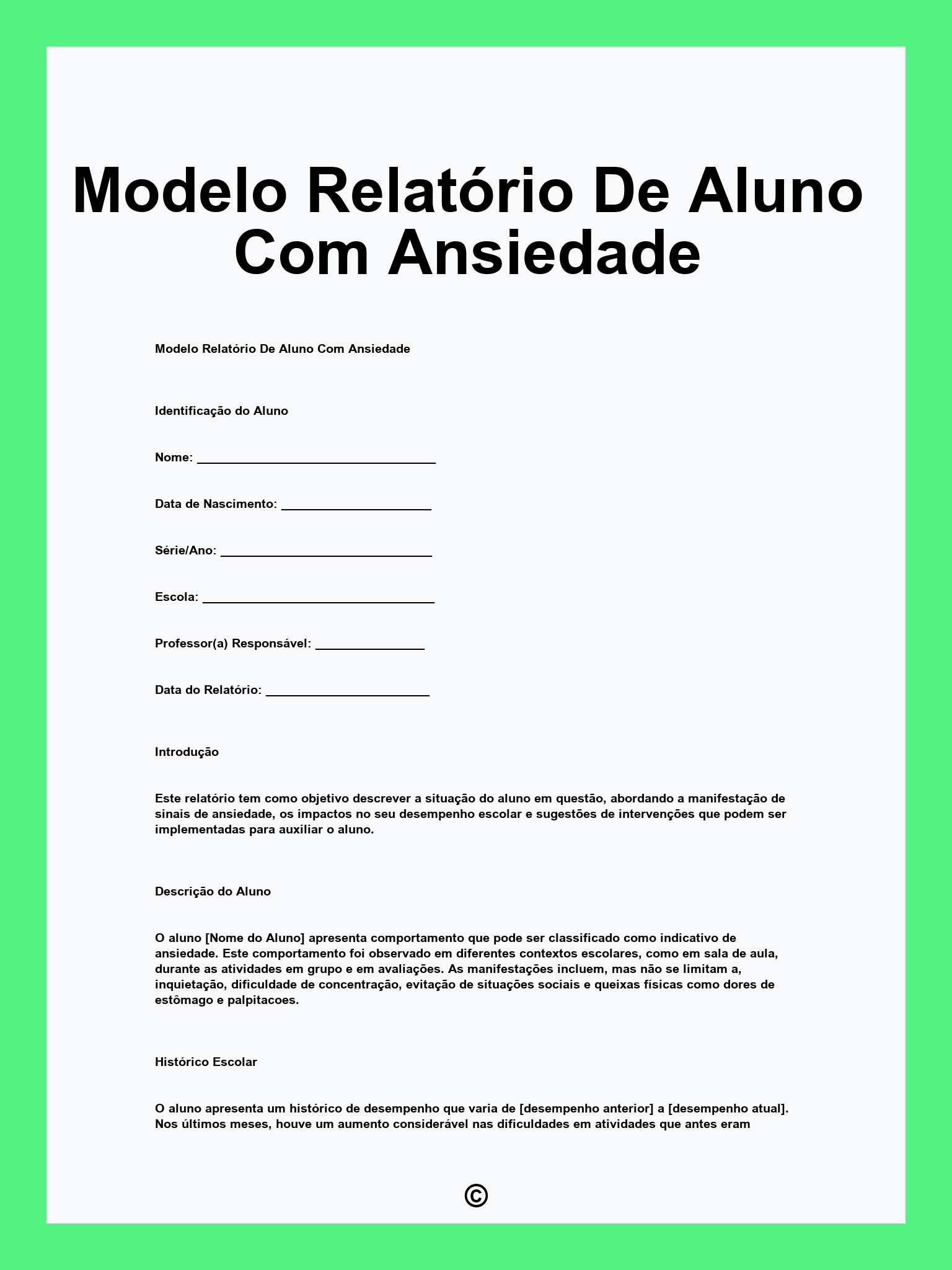 Modelo Relatório De Aluno Com Ansiedade
